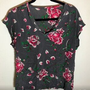 Joie 100% Silk V-Neck Gray Floral Blouse Top